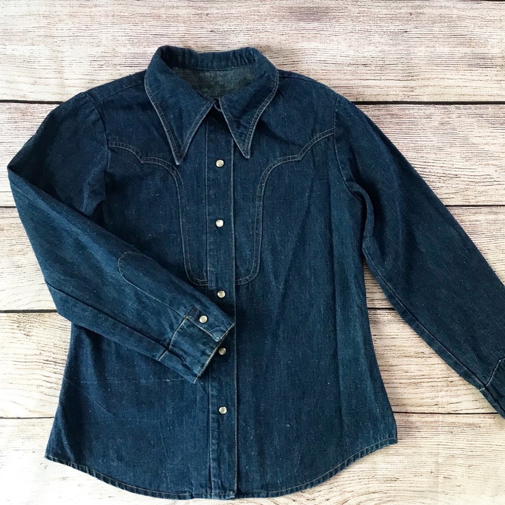 Vintage 70s Denim Snap Button Western Shirt Jean Button Down